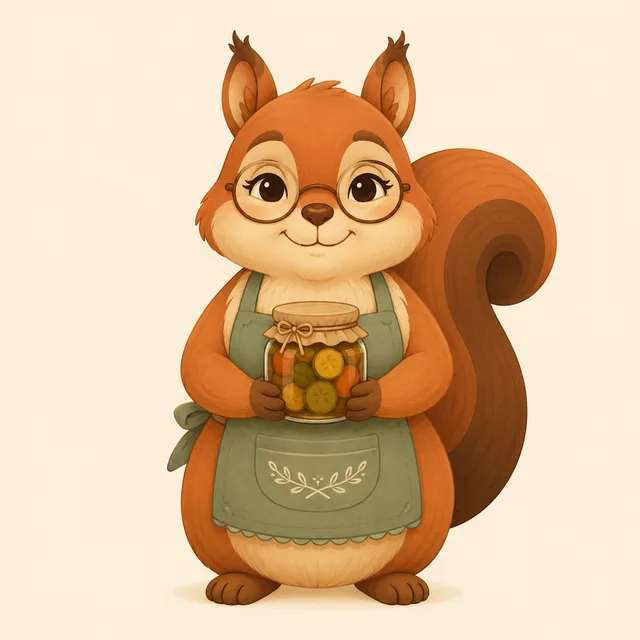 Zuki, la ardilla de Cocina con Zuki, con su frasco de conservas